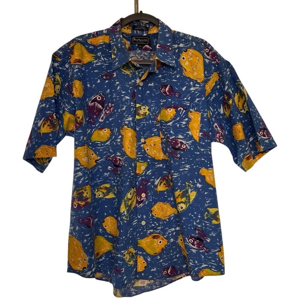Vintage Burberrys of London Mens Fish Print Short Sleeve Button Up Shirt Blue XL